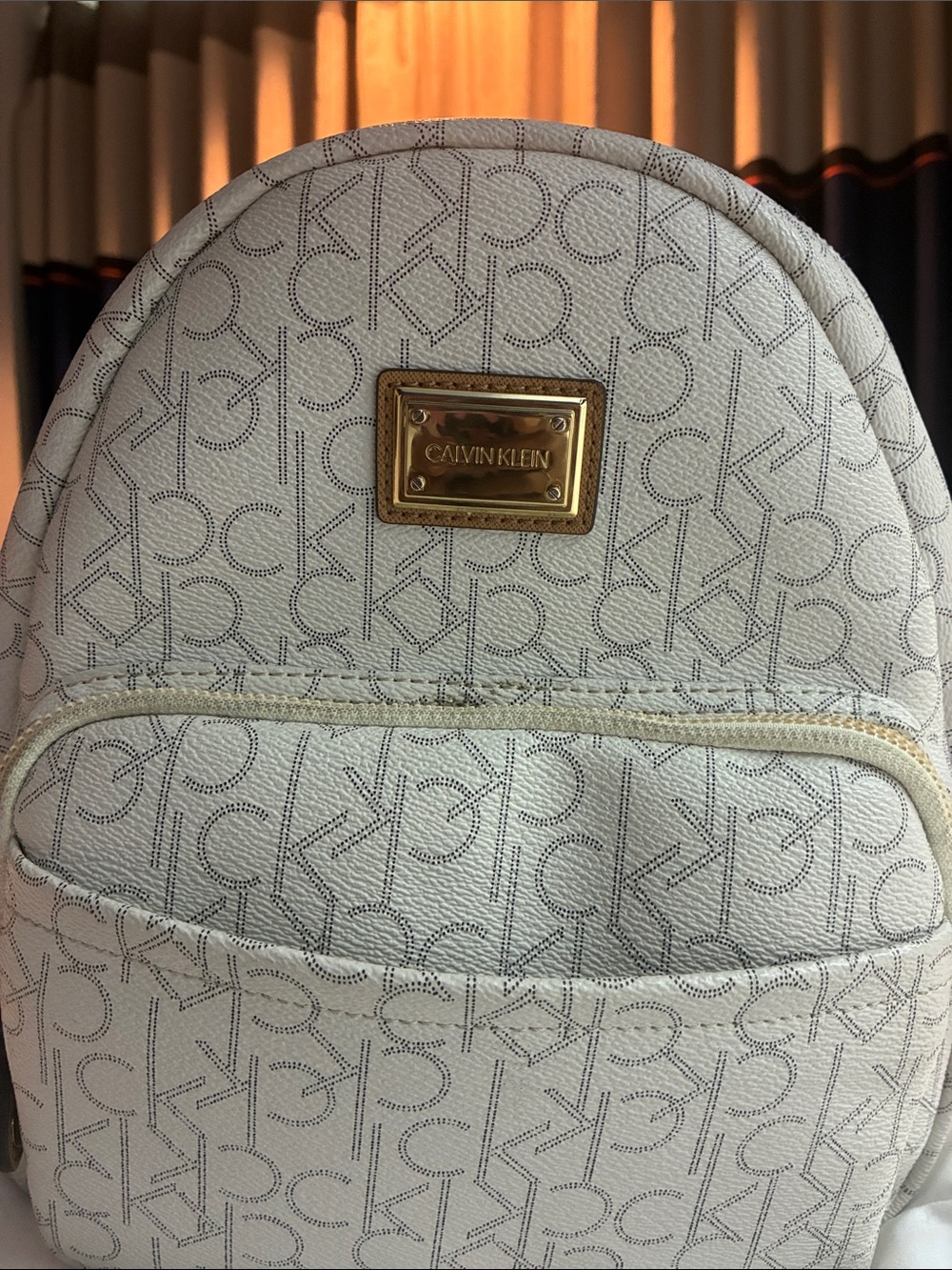 Calvin Klein Cream Monogram Logo Backpack with Gold Plaque